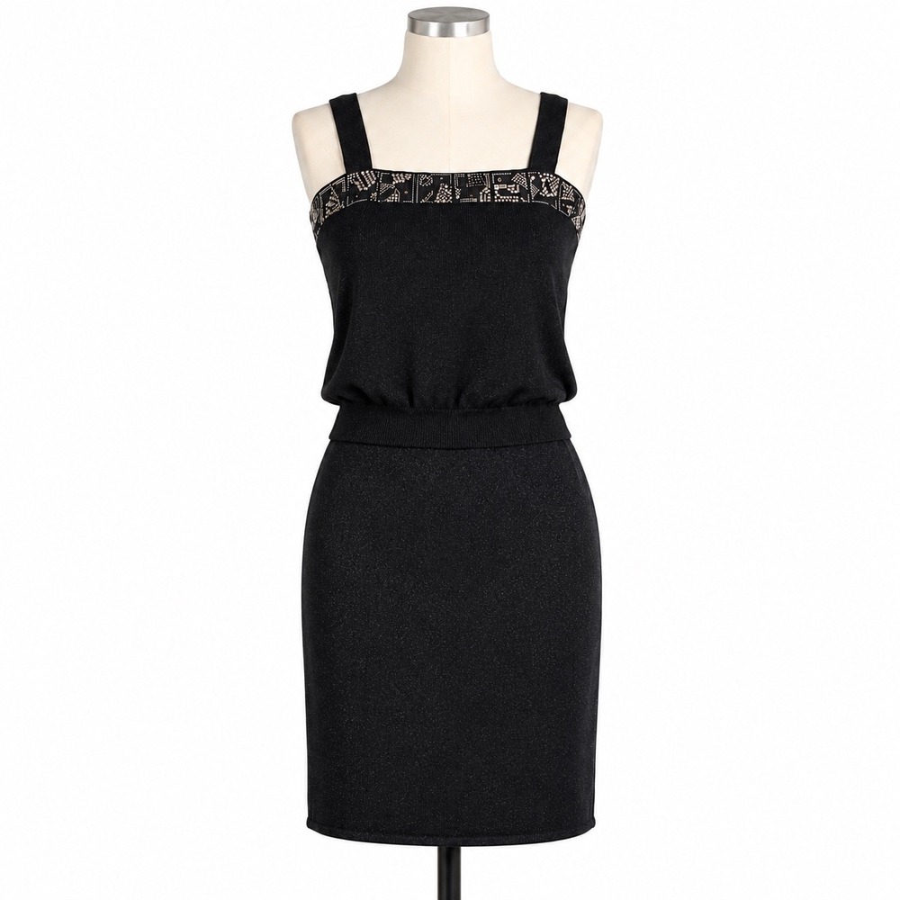 Toula Knit Skirt Set 10 Black Metallic Beaded Square Neck Sleeveless‎ 2 Piece